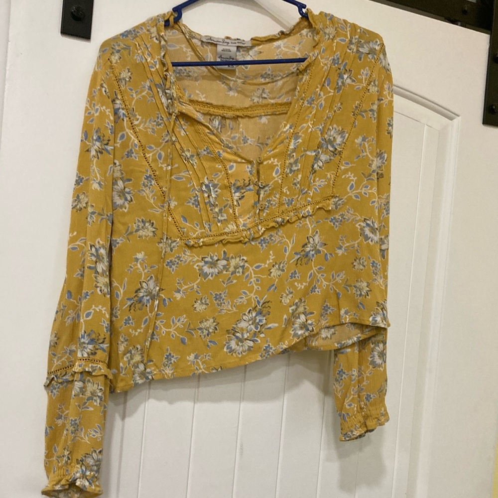 American Rag Yellow and Blue Ruffled Crop Blouse